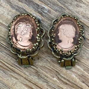 Cameo Vintage Glass Gold Tone Aged Brass Tone Metal Frame Clip-On Earrings